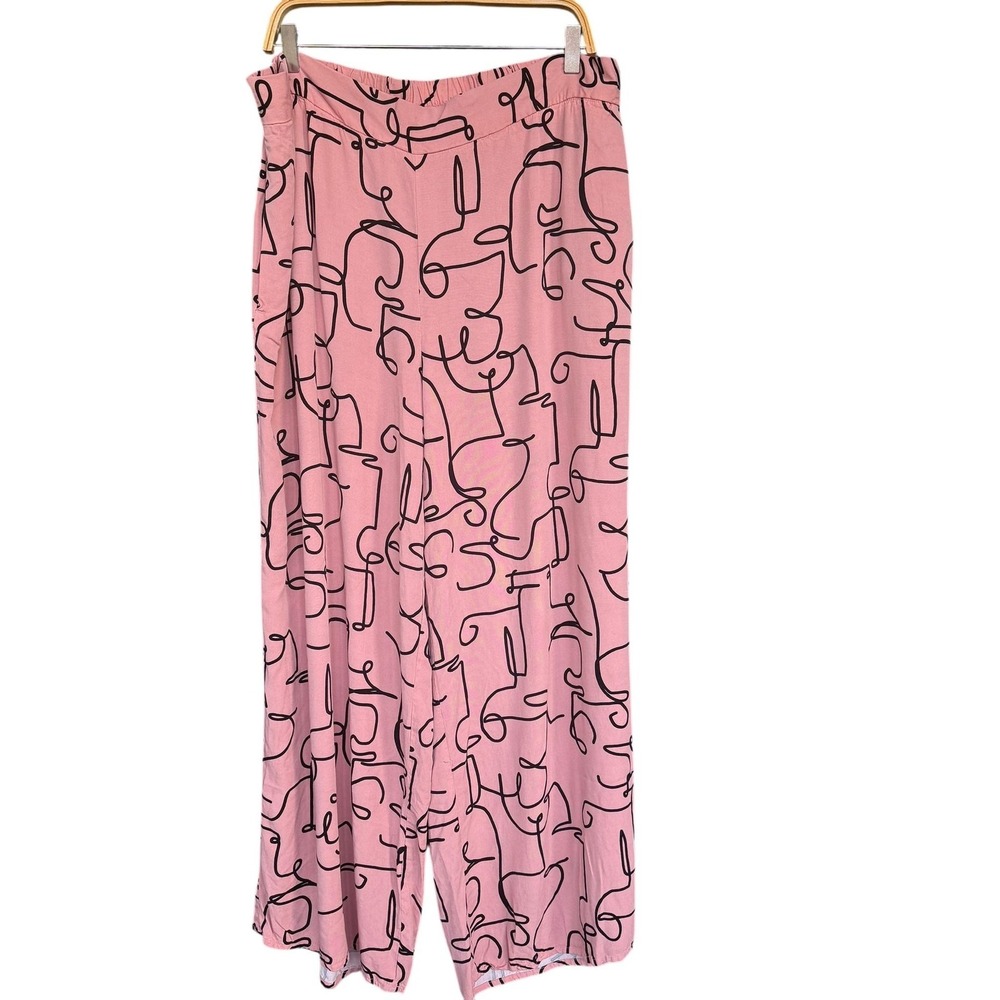 Eloquii Pants Womens 22 Pink Abstract Face Print Wide Leg Rayon Pull On Art